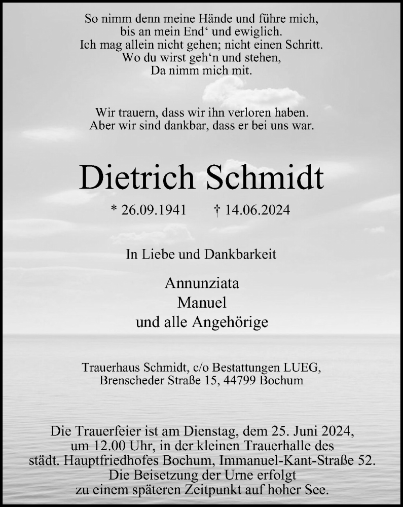  Traueranzeige für Dietrich Schmidt vom 22.06.2024 aus Tageszeitung