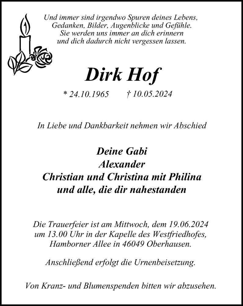  Traueranzeige für Dirk Hof vom 15.06.2024 aus Tageszeitung