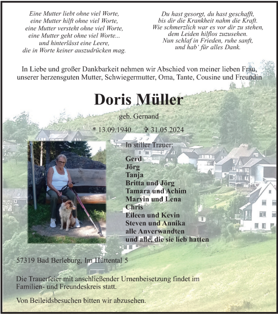 Traueranzeige von Doris Müller von Tageszeitung