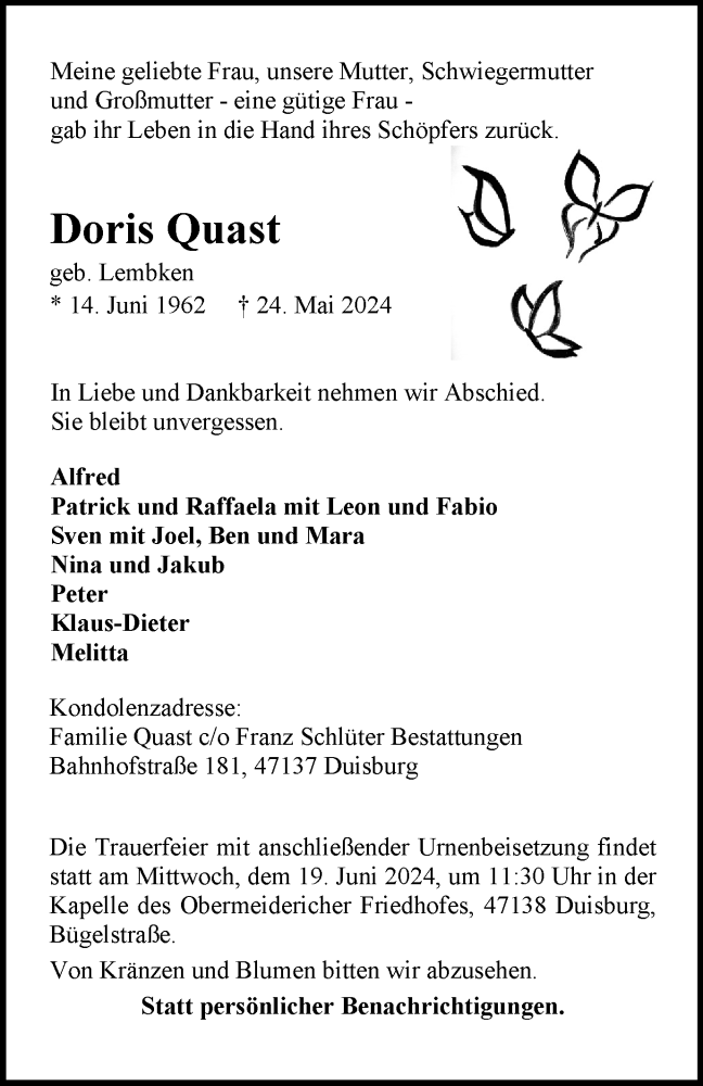  Traueranzeige für Doris Quast vom 15.06.2024 aus Tageszeitung