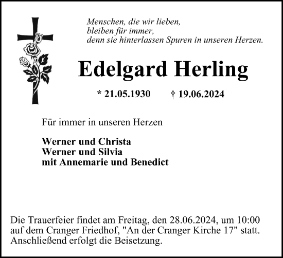 Traueranzeige von Edelgard Herling von Tageszeitung