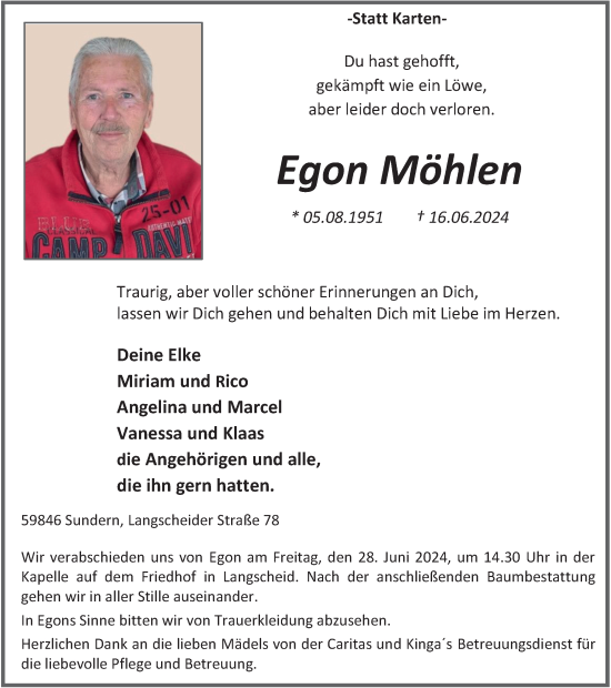 Traueranzeige von Egon Möhlen von Tageszeitung