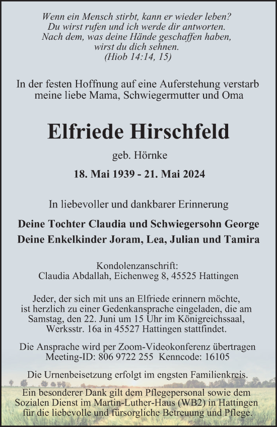 Traueranzeige von Elfriede Hirschfeld von Tageszeitung
