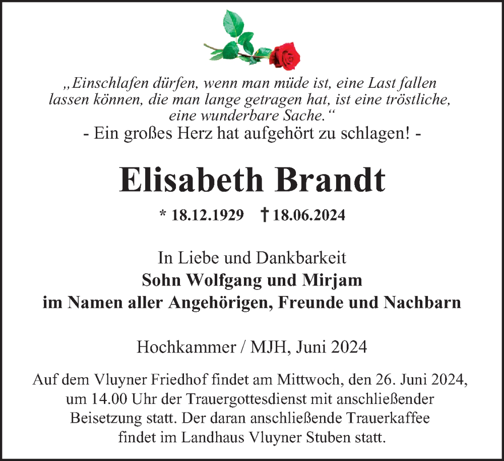  Traueranzeige für Elisabeth Brandt vom 22.06.2024 aus Tageszeitung
