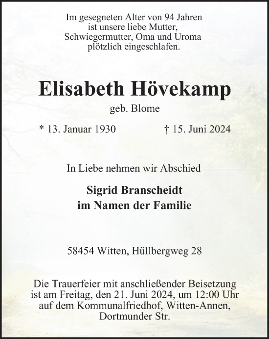 Traueranzeige von Elisabeth Hövekamp von Tageszeitung