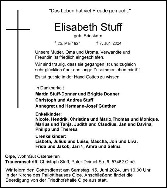 Traueranzeige von Elisabeth Stuff von Tageszeitung