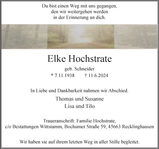 Traueranzeige von Elke Hochstrate von Tageszeitung