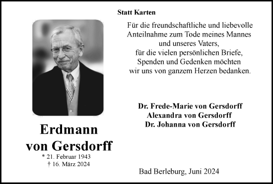 Traueranzeige von Erdmann von Gersdorff von Tageszeitung