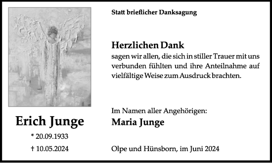 Traueranzeige von Erich Junge von Tageszeitung
