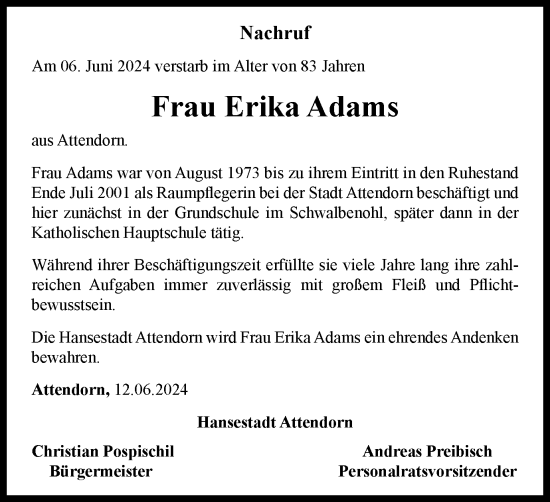 Traueranzeige von Erika Adams von Tageszeitung