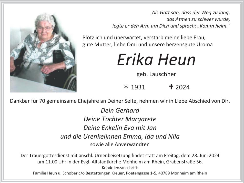  Traueranzeige für Erika Heun vom 22.06.2024 aus Tageszeitung