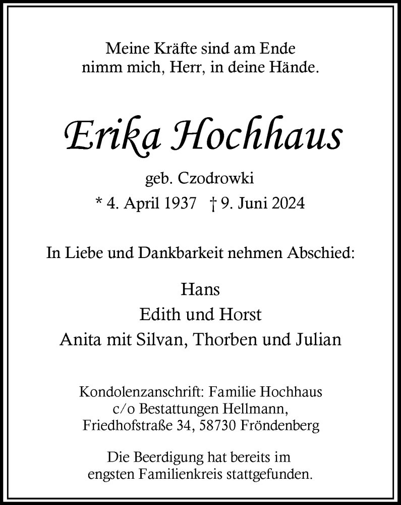  Traueranzeige für Erika Hochhaus vom 22.06.2024 aus Tageszeitung