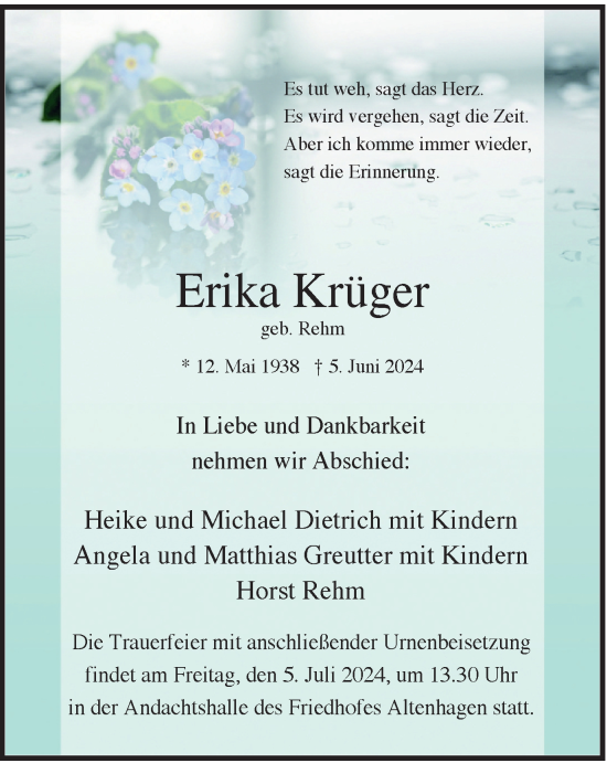Traueranzeige von Erika Krüger von Tageszeitung