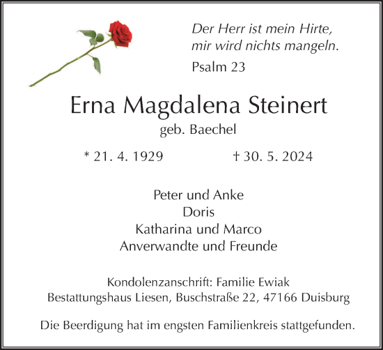 Traueranzeige von Erna Magdalena Steinert von Tageszeitung