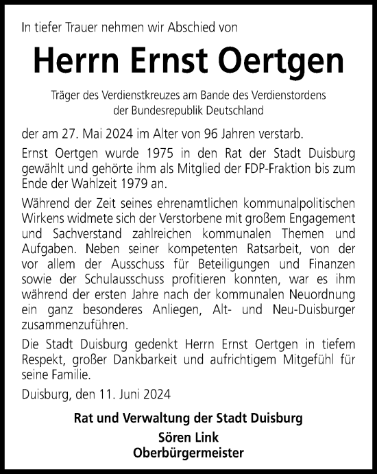 Traueranzeige von Ernst Oertgen von Tageszeitung