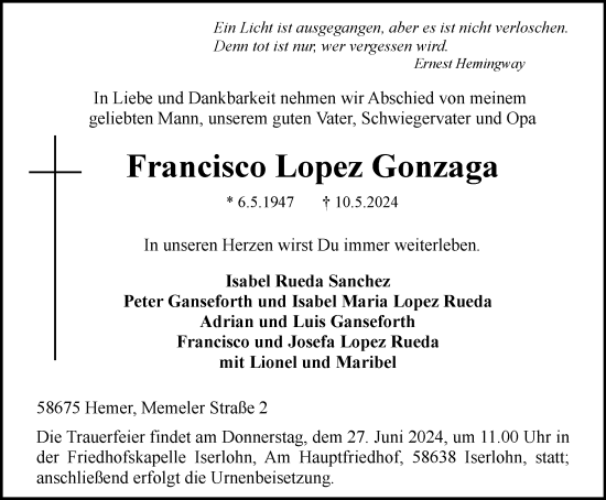 Traueranzeige von Francisco Lopez Gonzaga von Tageszeitung