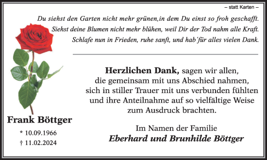Traueranzeige von Frank Böttger von Tageszeitung