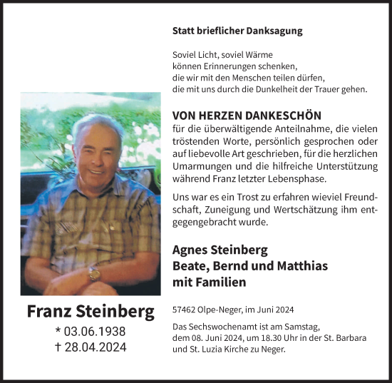 Traueranzeige von Franz Steinberg von Tageszeitung