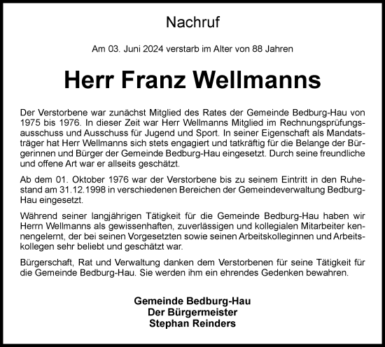 Traueranzeige von Franz Wellmanns von Tageszeitung