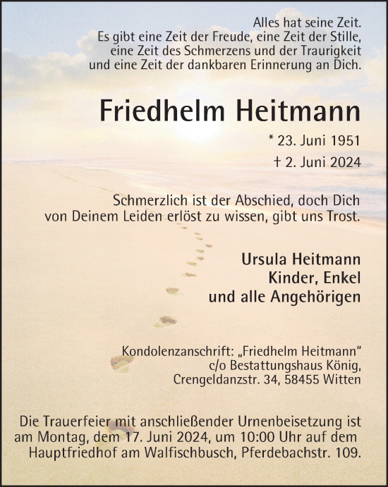 Traueranzeige von Friedhelm Heitmann von Tageszeitung