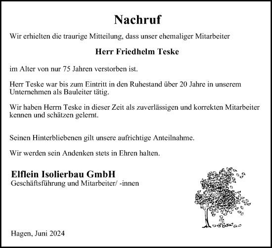 Traueranzeige von Friedhelm Teske von Tageszeitung