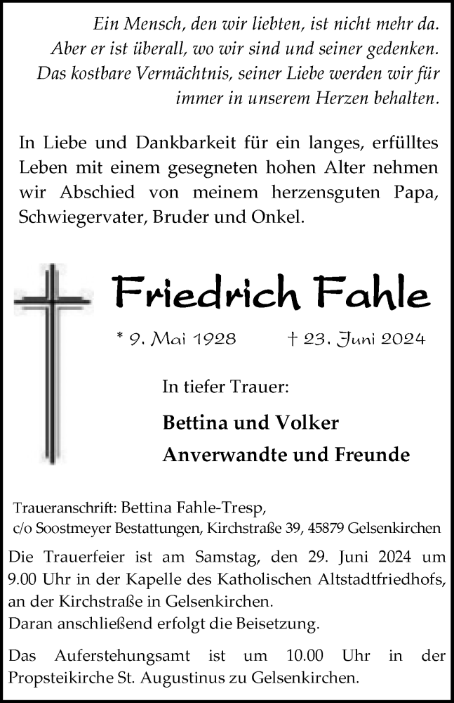  Traueranzeige für Friedrich Fahle vom 27.06.2024 aus Tageszeitung