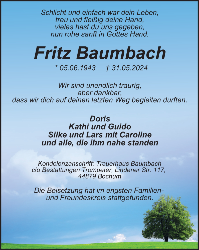  Traueranzeige für Fritz Baumbach vom 29.06.2024 aus Tageszeitung
