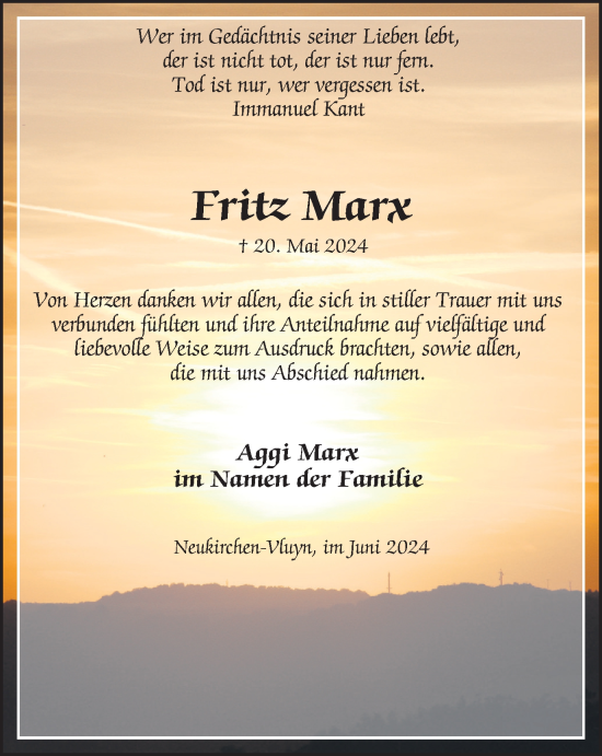 Traueranzeige von Fritz Marx von Tageszeitung