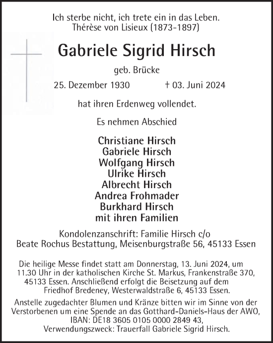Traueranzeige von Gabriele Sigrid Hirsch von Tageszeitung