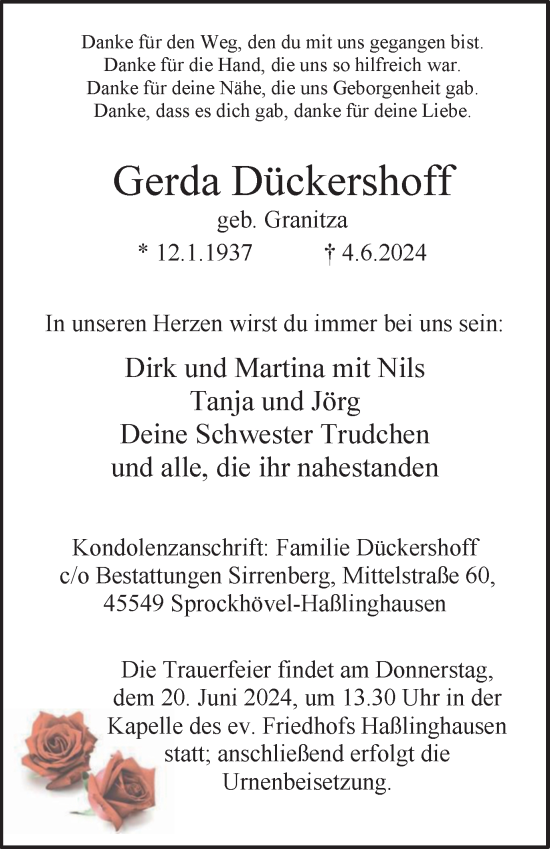 Traueranzeige von Gerda Dückershoff von Tageszeitung