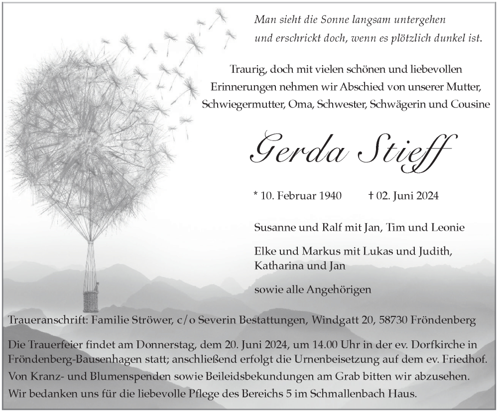  Traueranzeige für Gerda Stieff vom 08.06.2024 aus Tageszeitung