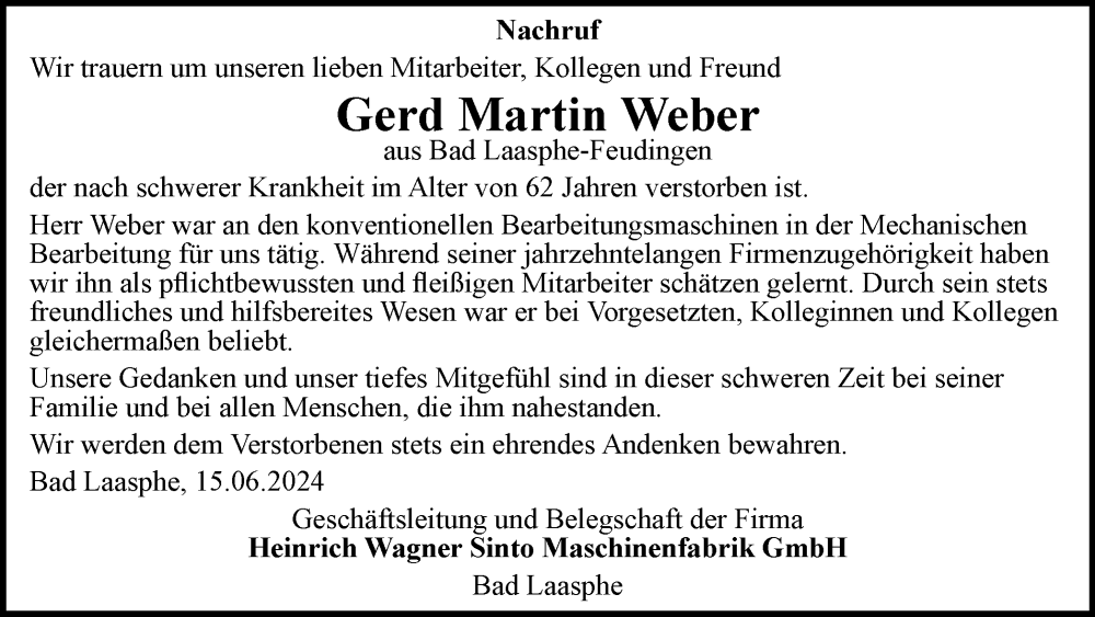  Traueranzeige für Gerd Martin Weber vom 15.06.2024 aus Tageszeitung