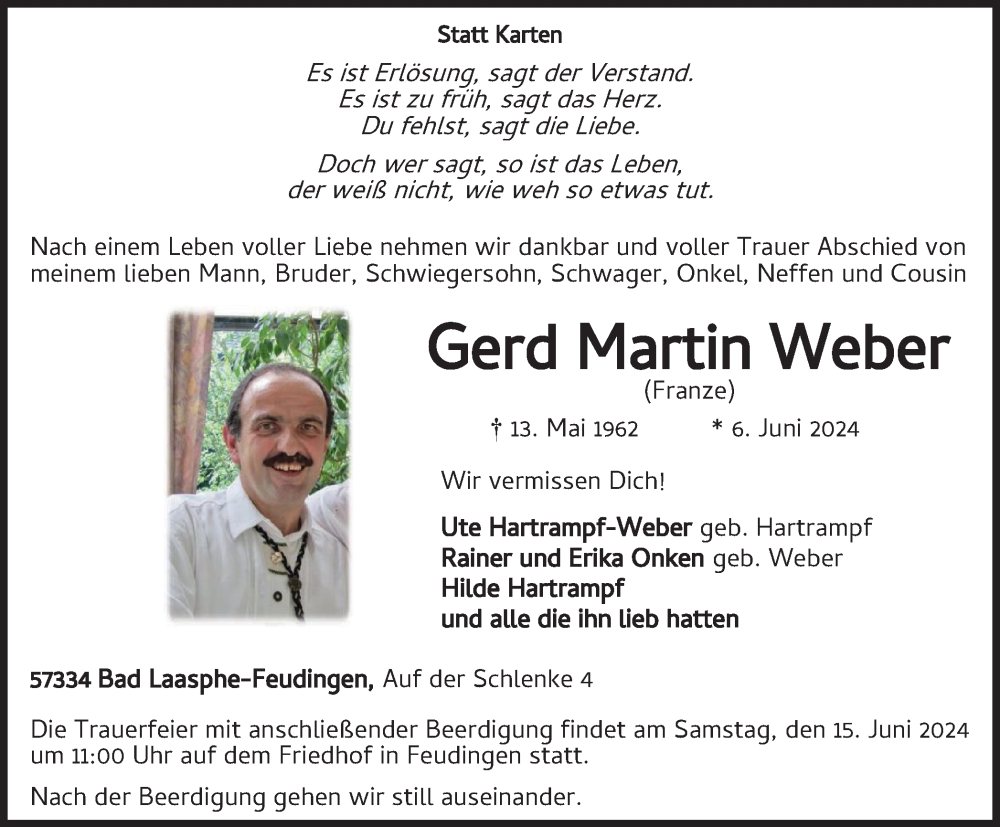  Traueranzeige für Gerd Martin Weber vom 12.06.2024 aus Tageszeitung