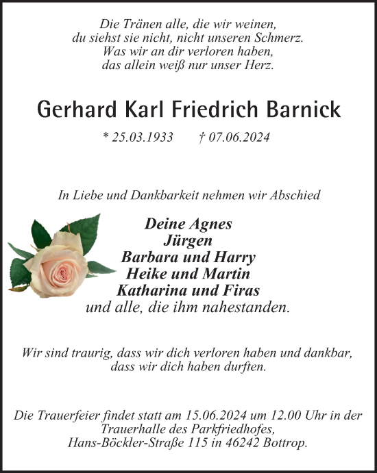 Traueranzeige von Gerhard Karl Friedrich Barnick von Tageszeitung