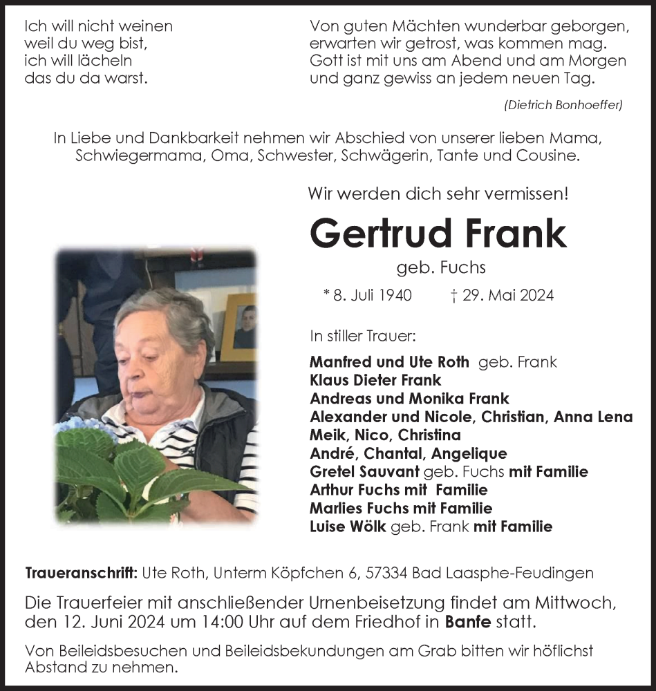 Traueranzeige für Gertrud Frank vom 07.06.2024 aus Tageszeitung