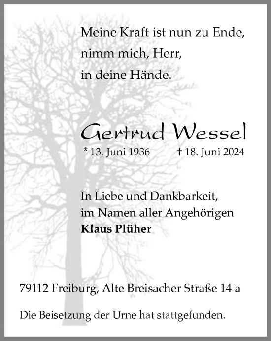 Traueranzeige von Gertrud Wessel von Tageszeitung
