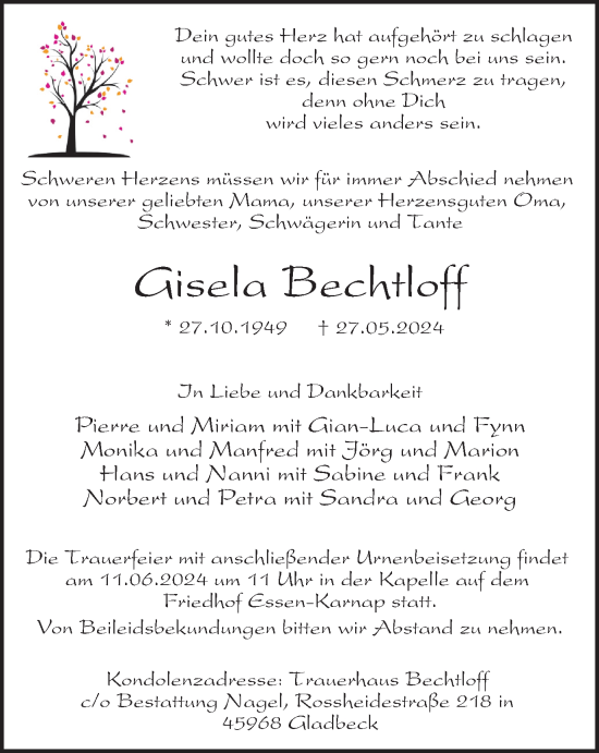 Traueranzeige von Gisela Bechtloff von Tageszeitung