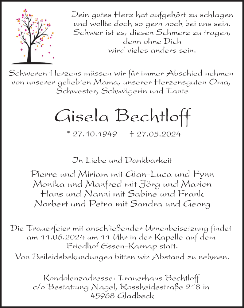  Traueranzeige für Gisela Bechtloff vom 08.06.2024 aus Tageszeitung