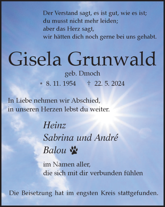 Traueranzeige von Gisela Grunwald von Tageszeitung