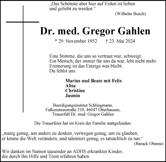 Traueranzeige von Gregor Gahlen von Tageszeitung