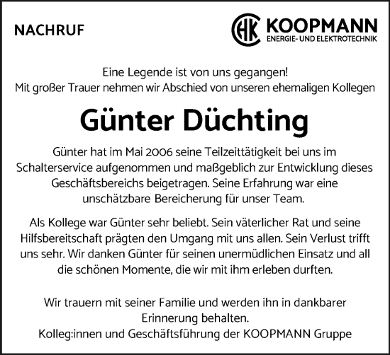Traueranzeige von Günter Düchting von Tageszeitung