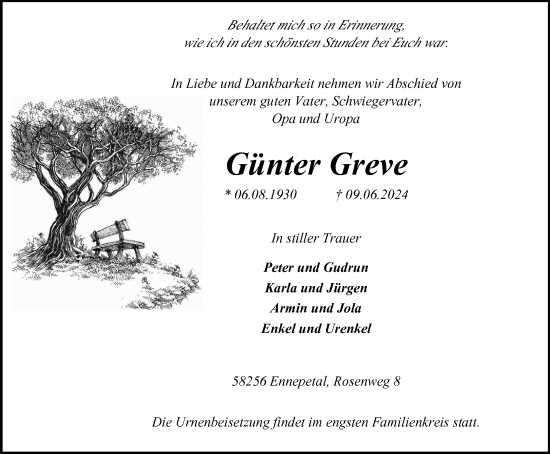 Traueranzeige von Günter Greve von Tageszeitung