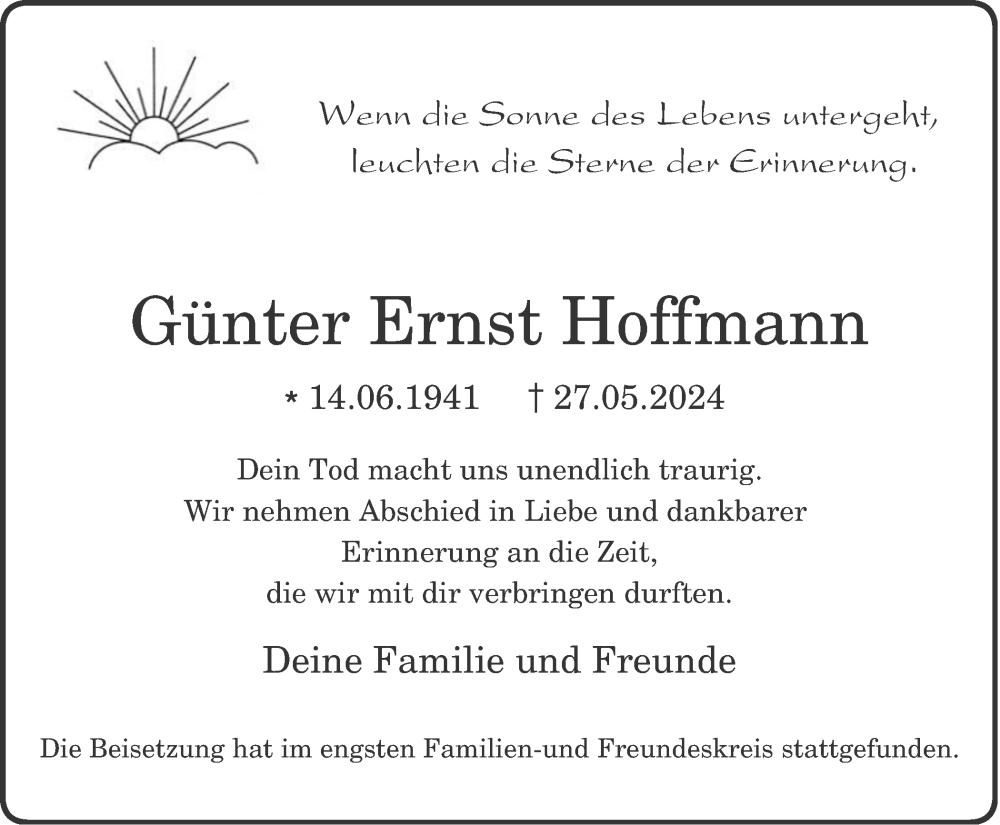  Traueranzeige für Günter Hoffmann vom 22.06.2024 aus Tageszeitung