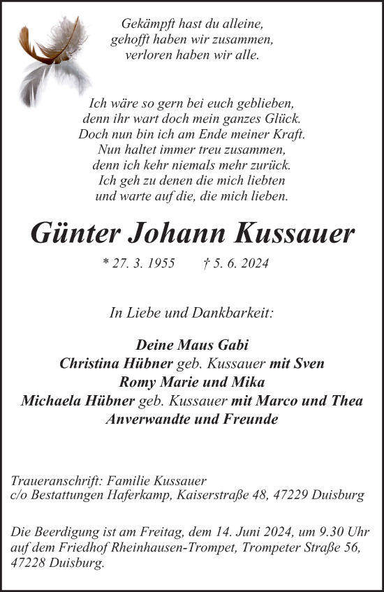 Traueranzeige von Günter Johann Kussauer von Tageszeitung