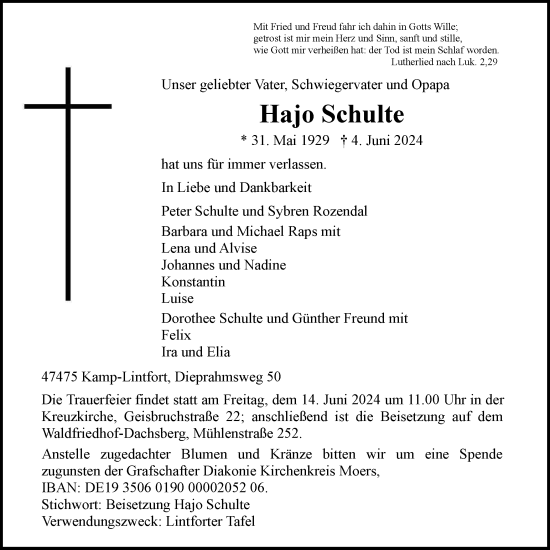 Traueranzeige von Hajo Schulte von Tageszeitung
