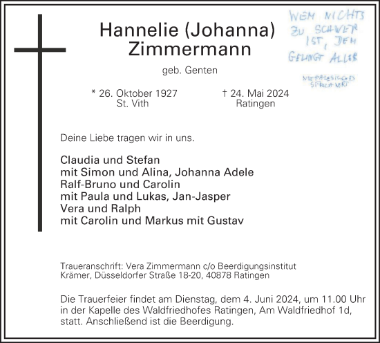 Traueranzeige von Hannelie Zimmermann von Tageszeitung