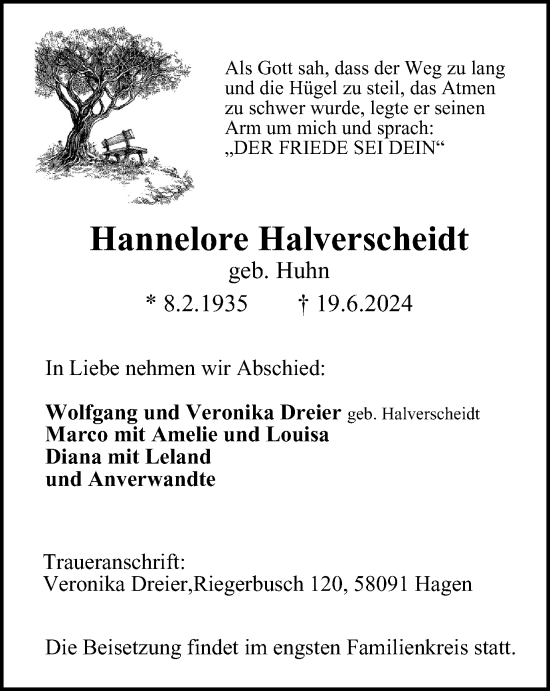 Traueranzeige von Hannelore Halverscheidt von Tageszeitung