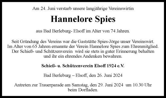 Traueranzeige von Hannelore Spies von Tageszeitung
