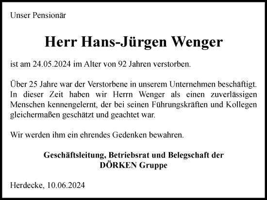 Traueranzeige von Hans-Jürgen Wenger von Tageszeitung