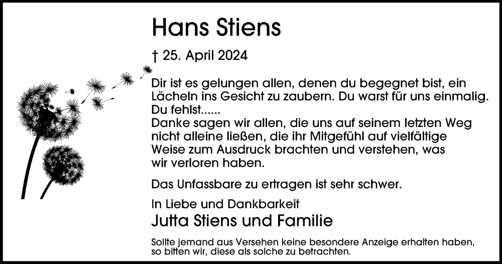  Traueranzeige für Hans Stiens vom 22.06.2024 aus Tageszeitung